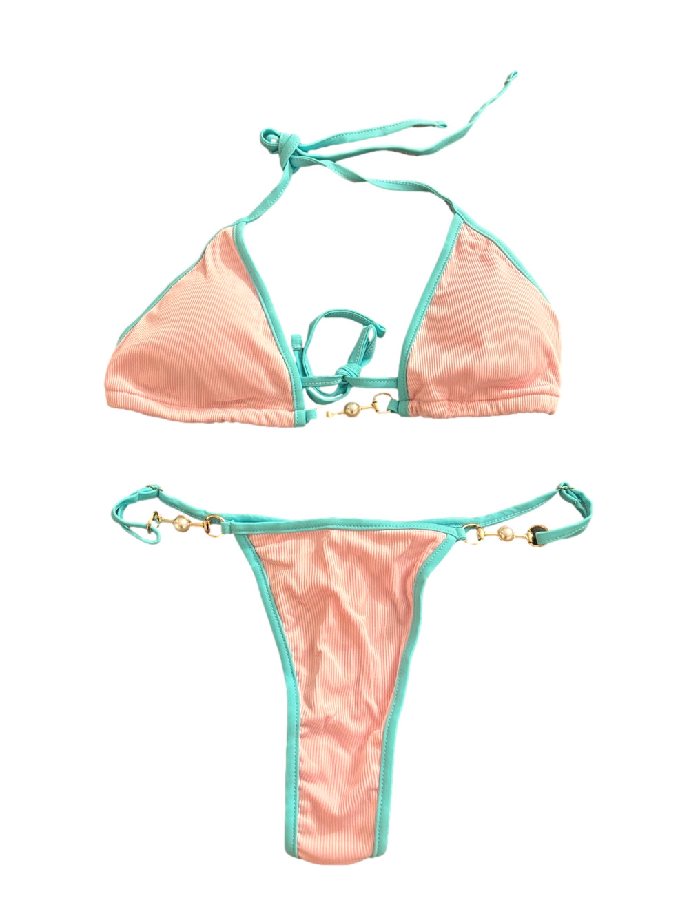 Pink Aqua Ribbed Pearl Trim String Bikini Set Size Large